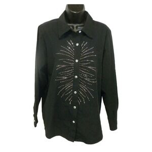 Quacker Factory Top M Black Sequins Starburst Button Down Long Sleeve Shirt